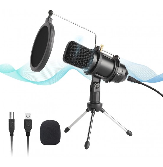 USB Microphone, Professional Condenser Computer PC Mic with Tripod Stand, Pop Filter, Shock Mount for Gaming, Streaming, Podcasting, YouTube, Voice Over, Skype, Twitch, Compatible with Laptop Desktop