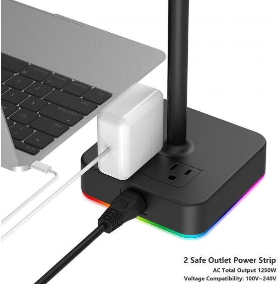 KAFRI RGB Headphone Stand with USB Charger Desk Gaming Headset Holder Hanger Rack with 3 USB Charging Port and 2 Outlet - Suitable for Gamer Desktop Table Game Earphone Accessories Boyfriend Gift