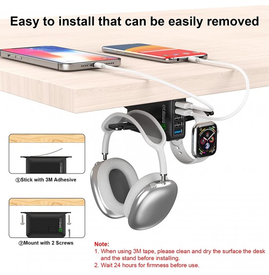 HORUMP Headphone Stand with 5 Port USB Charger, Under Desk Headset Hook Holder Hanger Mount with USB Charging Station and iWatch Stand Smart Watch Charging Dock Dual Earphone Hanger Hook