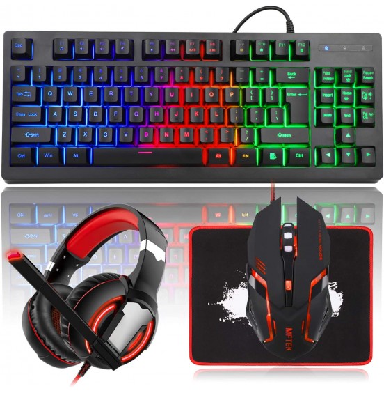 MFTEK RGB Rainbow Backlit Gaming Keyboard and Mouse Combo, LED PC Gaming Headset with Microphone, Large Mouse Pad, Small Compact 87 Keys USB Wired Mechanical Feeling Keyboard for Computer Gamer Office